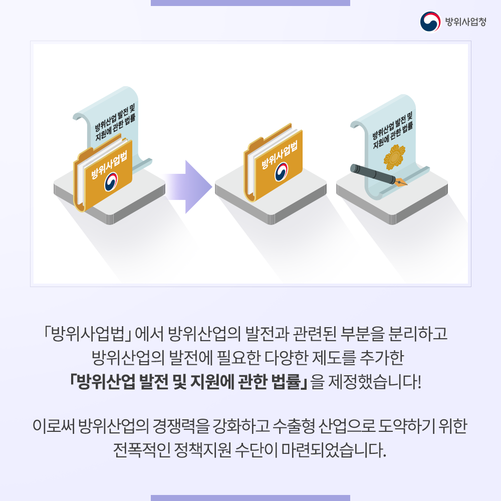 방위산업법에서 방위산업의 발전과 관련된 부분을 분리하여 방위산업의 발전에 필요한 다양한 제도를 추가한 법을 제정했습니다